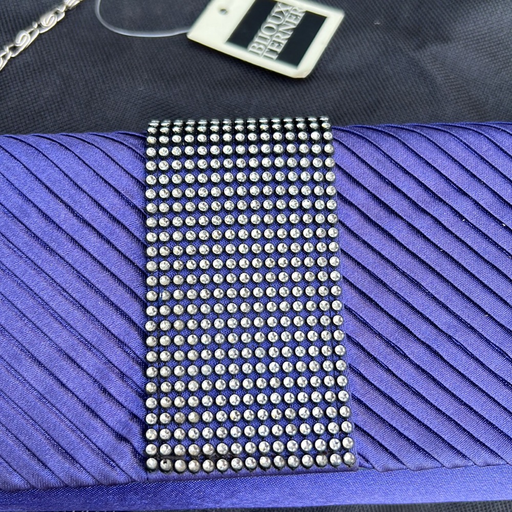 Small cute navy purple iridescent clutch, prom or formal purse with rhinestones.